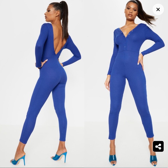 PrettyLittleThing Other - Cobalt Fine Rib Button Up Long Sleeve Jumpsuit